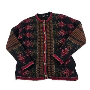 Nordic Design Petite Womens Wool Cardigan Sweater Black Red Floral Fair Isle PM